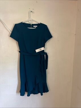 Calvin Klein Teal Short-Sleeve Tie-Waist Ruffle Dress